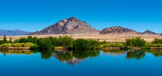 Nevada Desert Landscape With View of Mountain and Lake at Henderson’s Bird Viewing Preserve